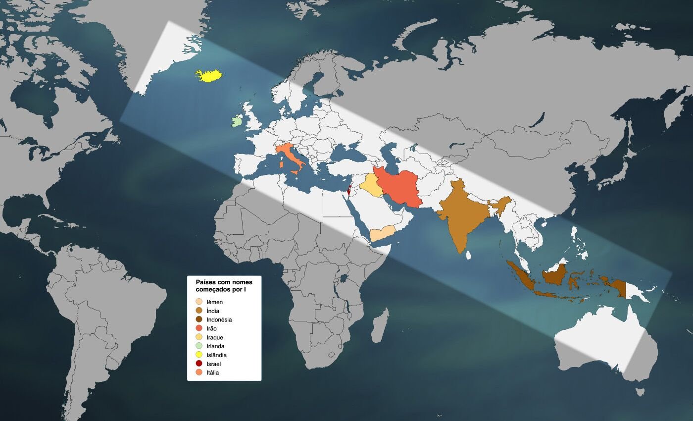 in the world map2c all countries starting with the letter 22i22 line up in a row