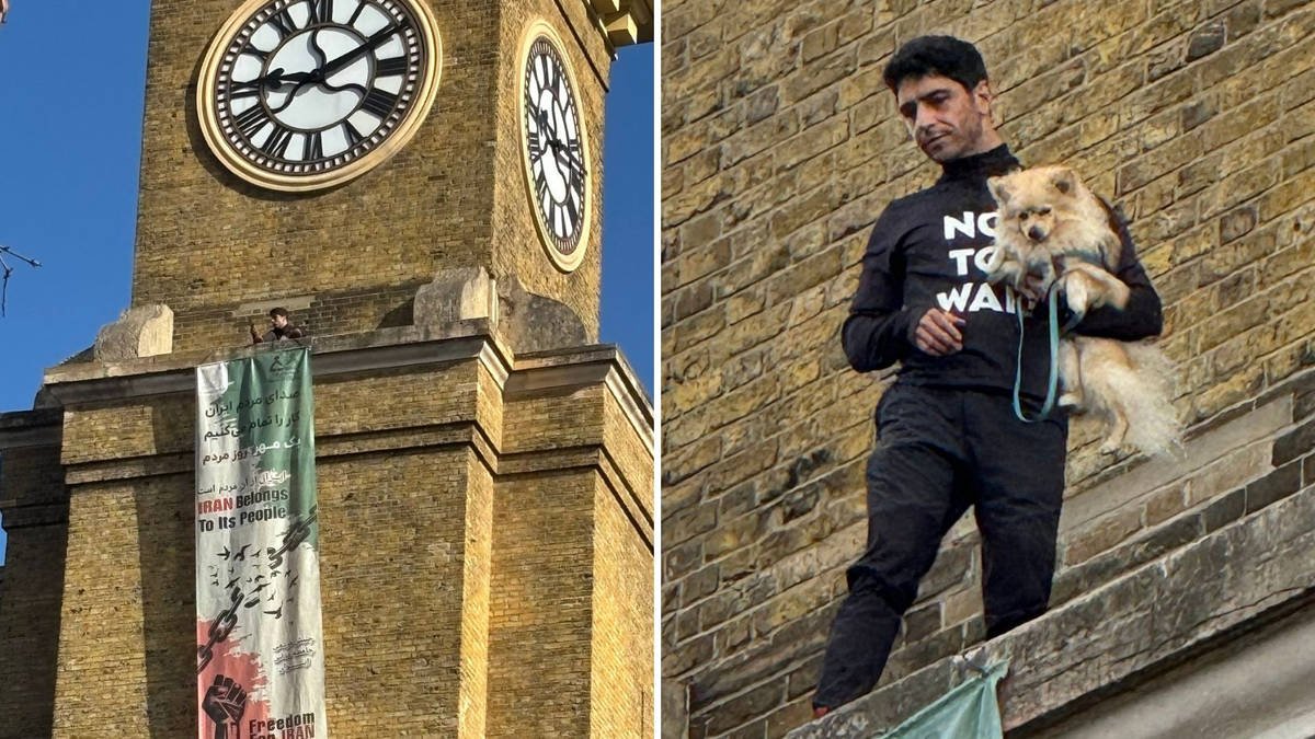 Protester Scales King’s Cross Station Clock Tower with Dog in ‘Freedom for Iran’ Protest