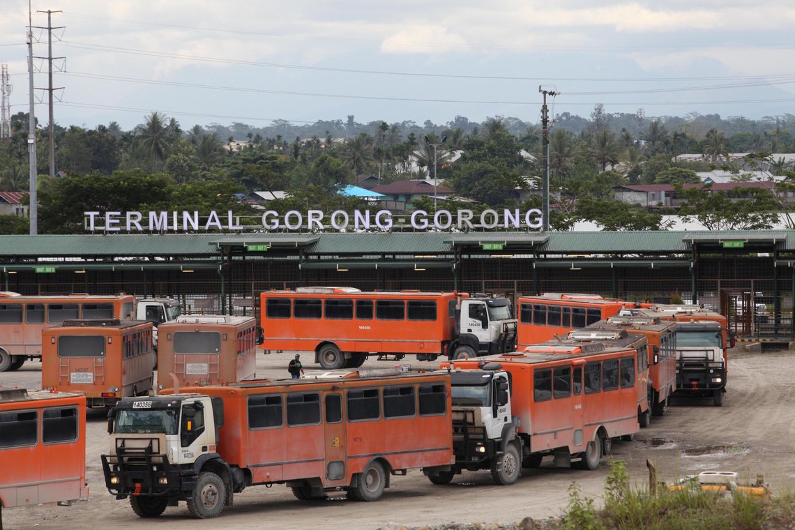 file photo: vehicles used for transporting workers to the grasberg copper mine operated by freeport mcmoran inc are seen at the gorong gorong terminal in timika, mimika, papua province,