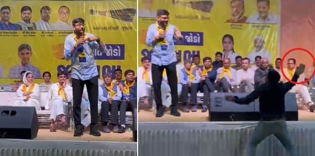 Politician Gopal Italia attacked with a shoe during public meeting in Jamnagar, Gujarat