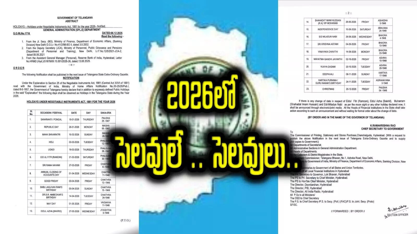 Telangana Holidays List: 2026 Government Holidays Released by Telangana Government